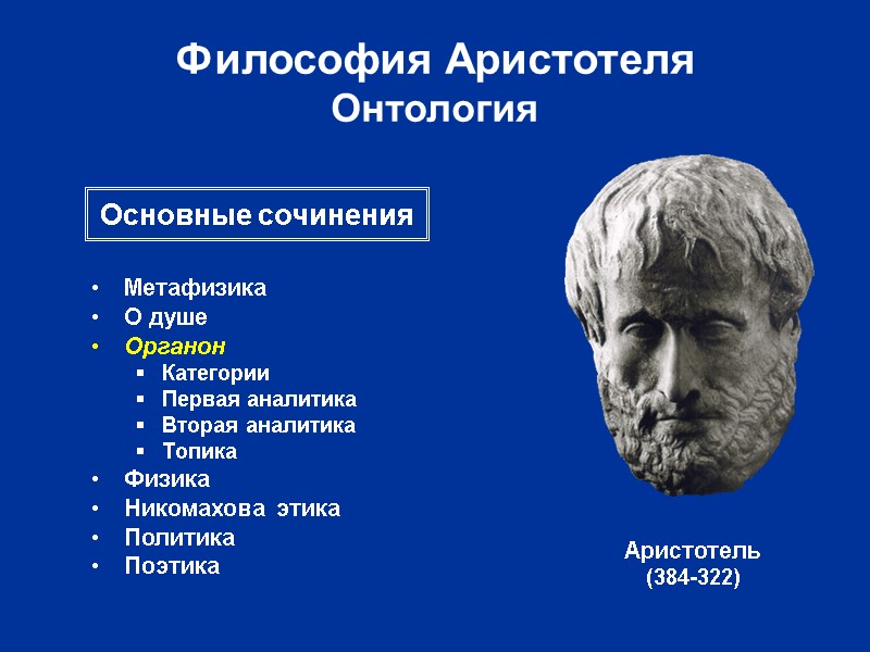 Философия Аристотеля Онтология Метафизика О душе Органон Категории Первая аналитика Вторая аналитика Топика Физика